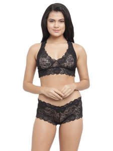 N-Gal Women's Floral Lace Racer Back Bra Underwear Lingerie Hipster Panty Set_Black