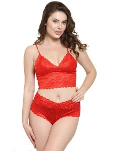 N-Gal Women's Polyester Spandex Floral Lace Top & High Waist Panty Lingerie Set Nightwear_Red