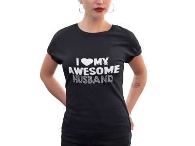 Awesome husband-printed family themed cotton blended half-sleeve t-shirts made for women (black)