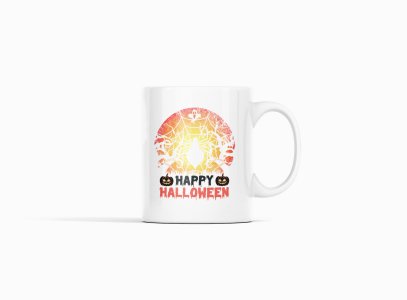 Happy Halloween text -Spider Web-Halloween Themed Printed Coffee Mugs