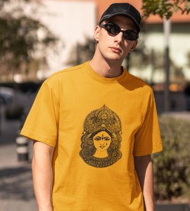 Durga maa black potrait printed unisex adults round neck cotton half-sleeve yellow tshirt specially for Navratri festival/ Durga puja