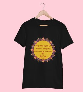 Small diyas surrounded mandala art printed diwali themed unisex round neck blended black t-shirt specially for diwali festival