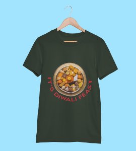 It's diwali feast printed diwali themed unisex round neck blended green t-shirt specially for diwali festival