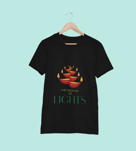 Diyas opposite wise framed printed diwali themed unisex round neck blended black t-shirt specially for diwali festival