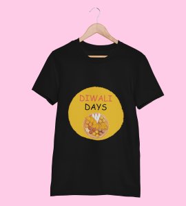 A plate of sweets printed diwali themed unisex round neck blended black t-shirt specially for diwali festival