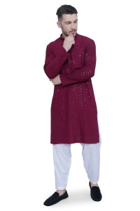 Exquisite Wine Color Chikankari Men's Kurta Set in High-Quality Fabric