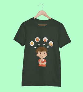 A child thinking printed diwali themed unisex round neck blended green t-shirt specially for diwali festival