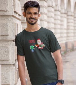 Santa And Alien's Talk : Elegantly Printed T-shirt (Green) Best Gift For Boys Girls