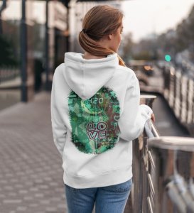 Green Love Where Comfort Meets Conscious Living White Cotton Printed Hoodie For Women