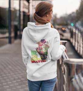 Surf the Cosmic Flow  Ride The High Waves White Cotton Printed Hoodies For Women