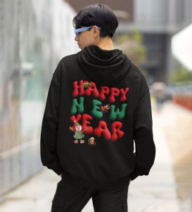 New Year Celebration with Snowman and Confetti Happy New Year Printed Black Cotton Hoodie