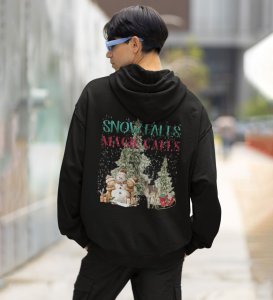 Charming Snowmen and Deer Enjoying the Magical Snowfall Printed Black Cotton Hoodie