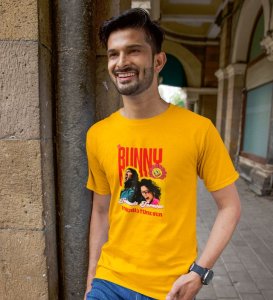 Bunny & Naina Yellow Round Neck Cotton Half Sleeved Men T-Shirt with Printed Graphics