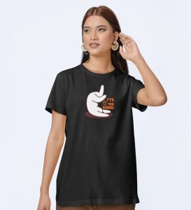 It's Too Hard! Black Round Neck Cotton Half Sleeved WomenT-Shirt with Printed Graphics