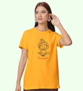 Love For Yoga Yellow Round Neck Cotton Half Sleeved Women T-Shirt with Printed Graphics