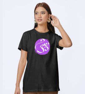 Om! Black Round Neck Cotton Half Sleeved WomenT-Shirt with Printed Graphics