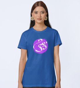 Om! Blue Round Neck Cotton Half Sleeved Women T-Shirt with Printed Graphics