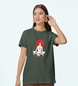 Power Of Om Green Round Neck Cotton Half Sleeved Women T-Shirt with Printed Graphics