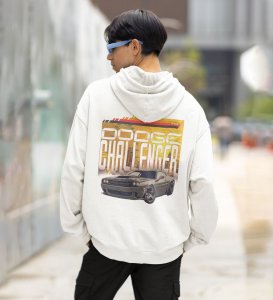 Muscle Meets the Asphalt  HighPerformance Car Printed White Hoodie for Men