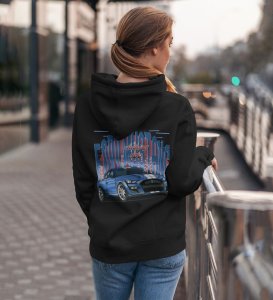 Performance Meets Perfection High-Power Sports Car Printed Black Hoodie for Women